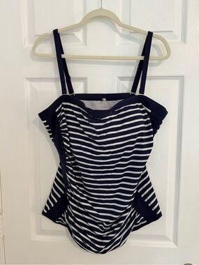Lands' End Navy and White Striped swim top.